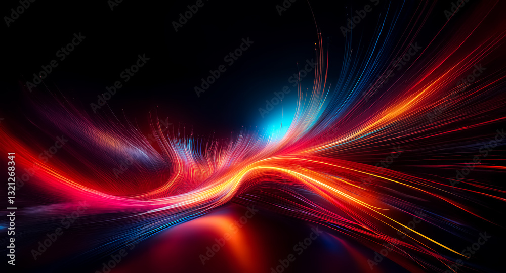 Obraz premium Vibrant streaks of red, orange, and blue light dynamically flow across a dark backdrop, creating an abstract and energetic visual effect.