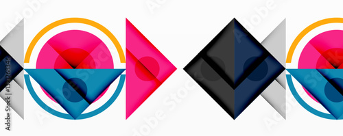 Geometric abstract design with layered triangles, circles, and gradients, forming a structured pattern with sharp contrasts and depth
