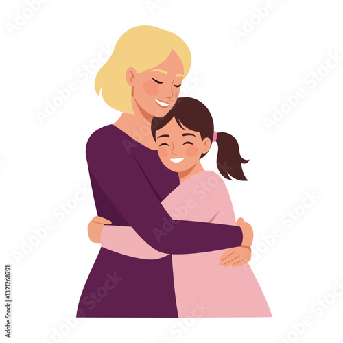 Mother and daughter sharing a warm hug in flat vector art style