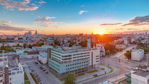 Photography Aerial panorama of Moscow at sunset timelapse from rooftop