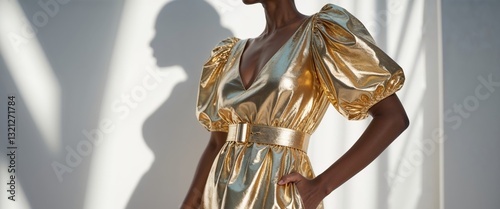 Metallic Gold Mini Dress Puff Sleeves Belted Party Festive