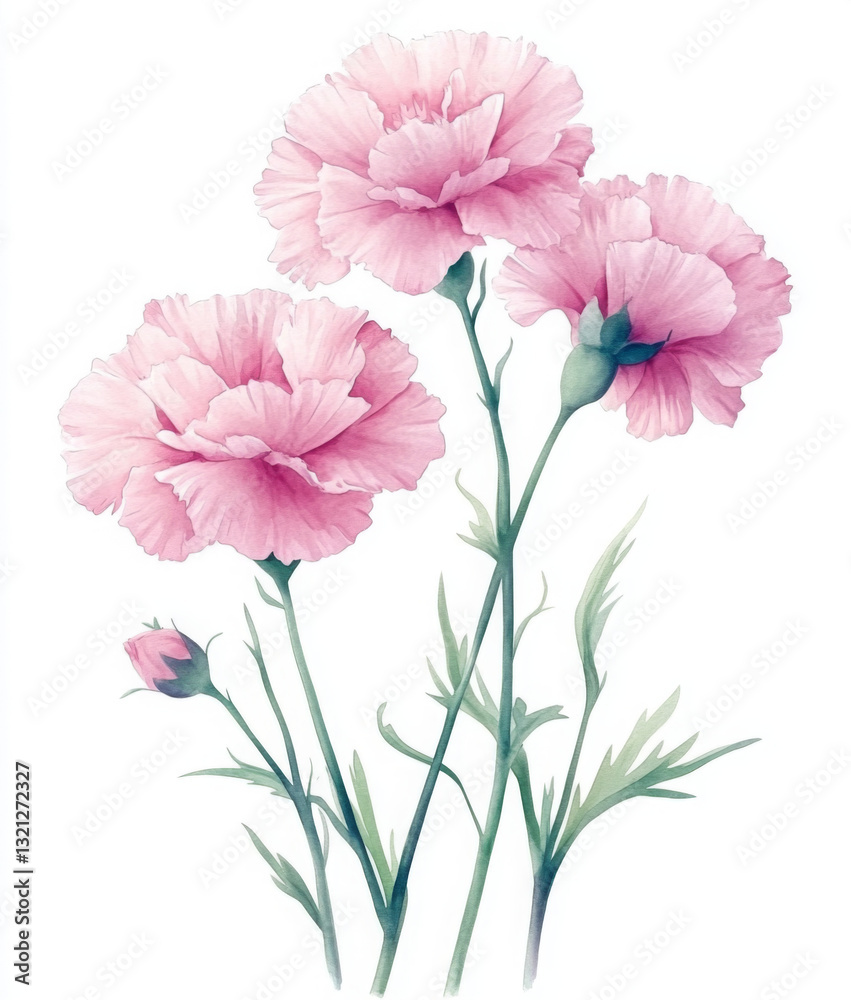 Fototapeta premium A painting of three pink flowers with green stems