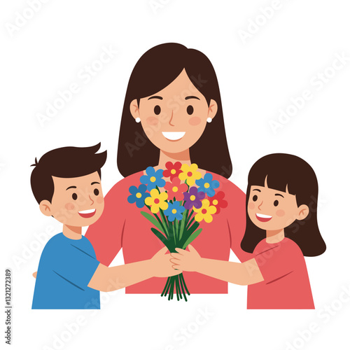 Family sharing flowers in cheerful minimal style vector art