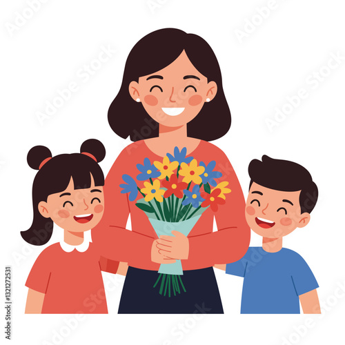 Happy family moment with mother and children in flat vector art