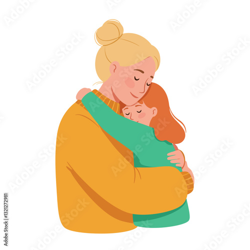 Mother and daughter embracing in a warm and loving scene, flat vector illustration