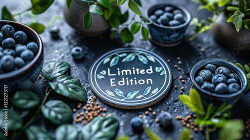 Fresh blueberries, limited edition, dark stone tabletop, greenery