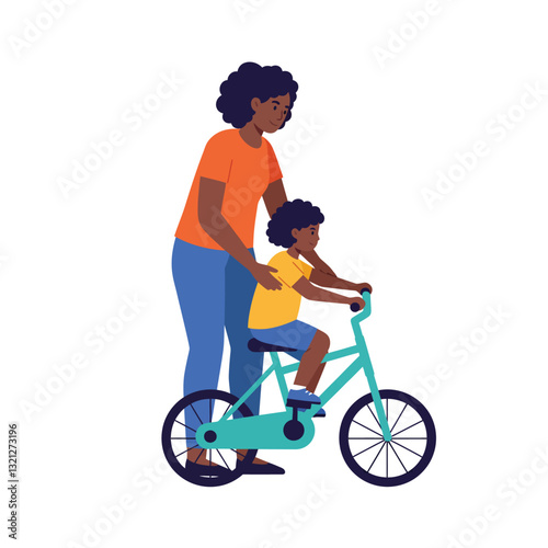 Mother assisting child on bicycle in flat, colorful design vector illustration