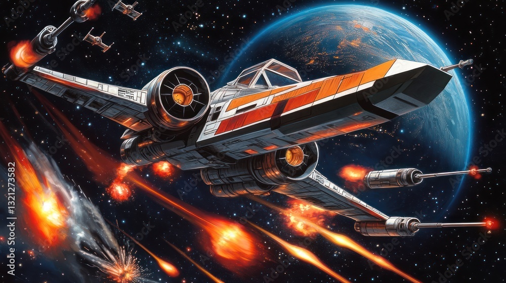Fototapeta premium X-wing fighter space battle planet background; sci-fi game art