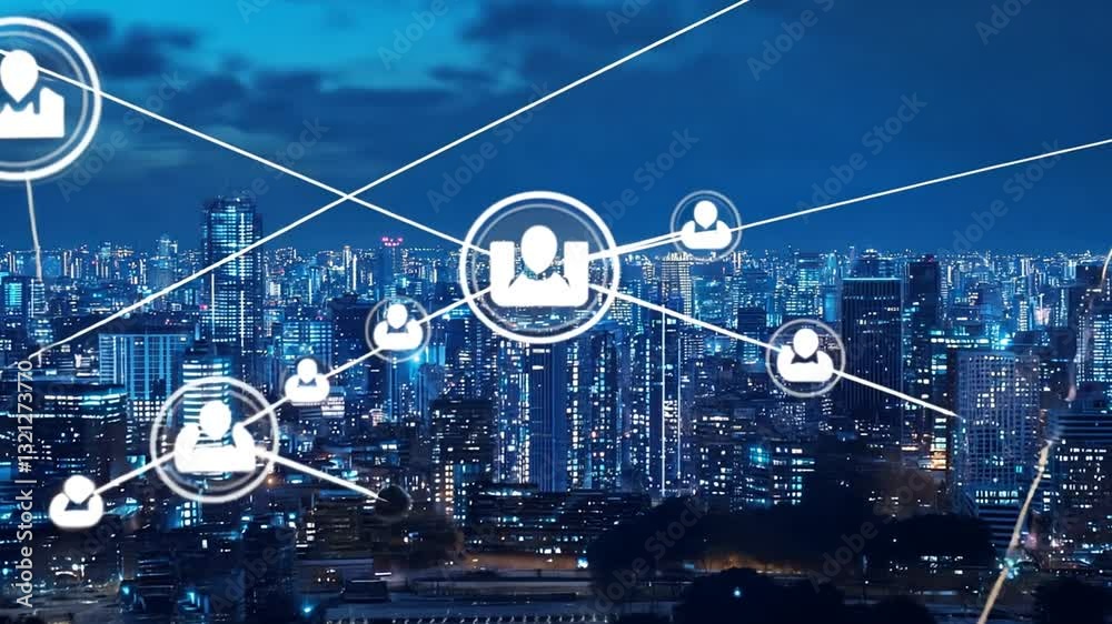 Dynamic global network of interconnected people over a modern cityscape at night Dynamic global network of interconnected people over a modern cityscape at night