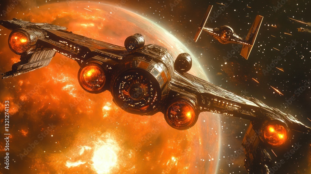 Fototapeta premium Spaceship battle near fiery planet; space combat; cinematic background; science fiction imagery