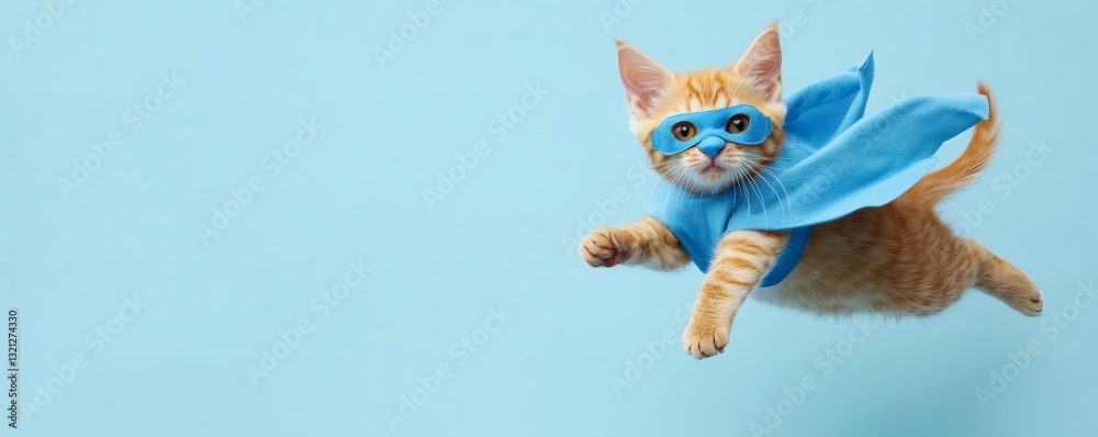 Obraz premium A courageous orange kitten wearing a blue superhero costume in flight