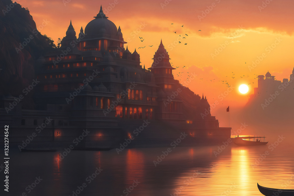 Fototapeta premium Breathtaking view of a Hindu temple illuminated by the golden light of the rising sun, with birds flying over the Ganges river