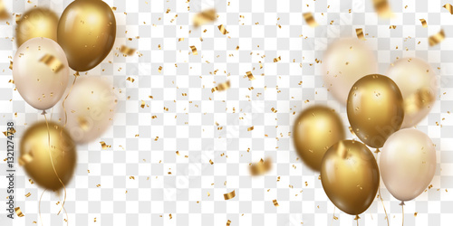 Festive confetti and flying balloons png. Golden bright confetti falls. Vector celebration background with confetti and 3d helium balloons. Holidays and Birthday. Isolated on transparent background.