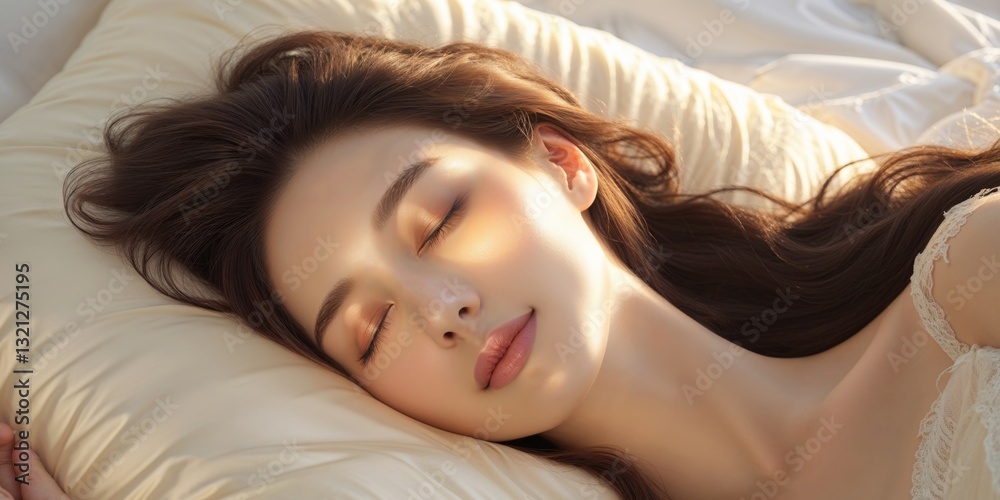 Serene Sleeping Beauty Resting Peacefully Under Soft Light on Pillow in Dreamy Relaxation. Serene Sleeping Beauty Resting Peacefully Under Soft Light on Pillow in Dreamy Relaxation.