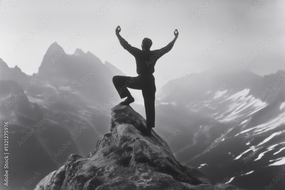 Black and white image of a mountaineer practicing yoga tree pose on a mountain peak at sunrise, enjoying the breathtaking view Black and white image of a mountaineer practicing yoga tree pose on a mountain peak at sunrise, enjoying the breathtaking view