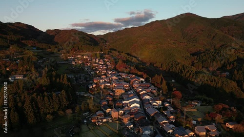 Aerial View of Magome Juku Japan during autumn season and sunset golden hour