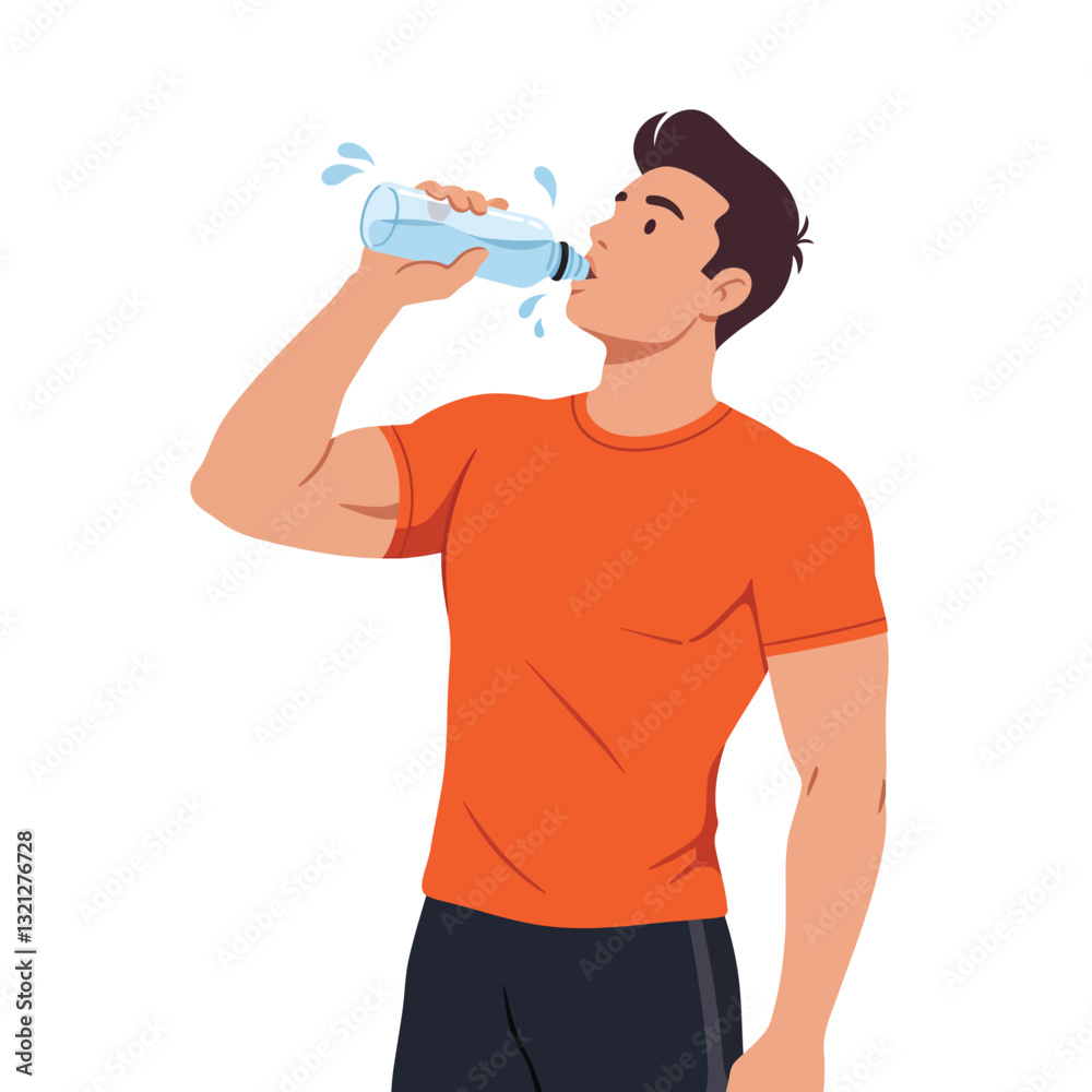 Man drinking water in athletic wear, flat design, healthy lifestyle vector illustration Man drinking water in athletic wear, flat design, healthy lifestyle vector illustration