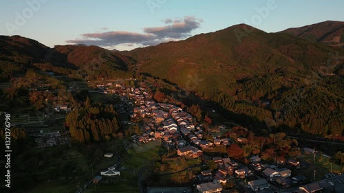 Stunning Aerial View of Magome Juku during autumn season and sunset golden hour