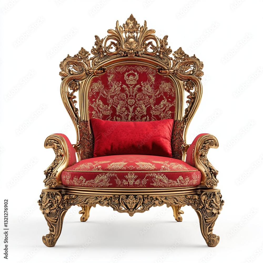 Ornate gold throne chair with red velvet cushion. Ornate gold throne chair with red velvet cushion.