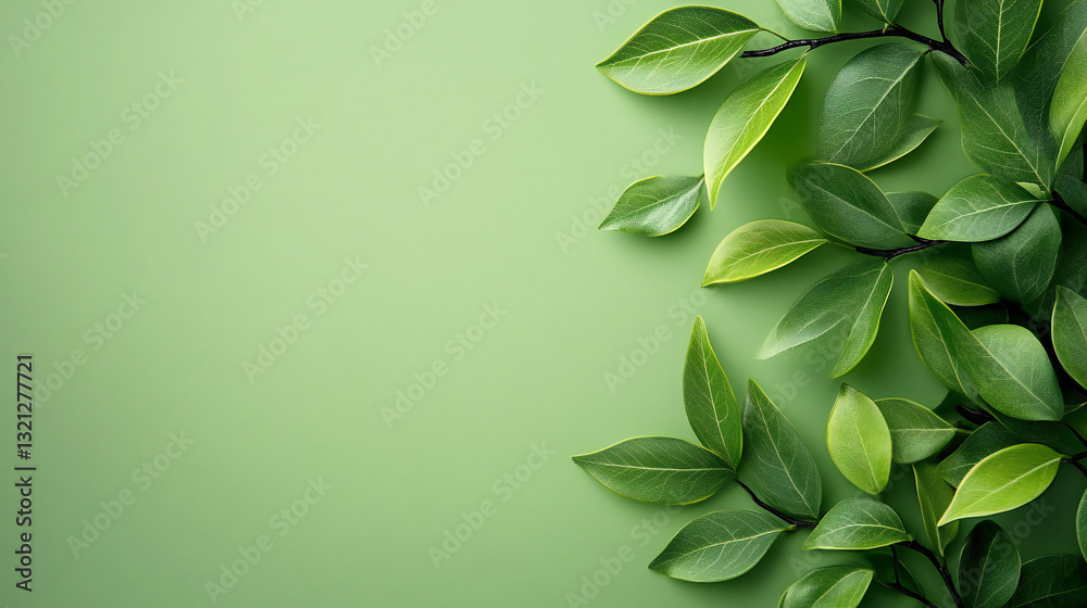 Fototapeta premium Green leaves decorated on green background. 