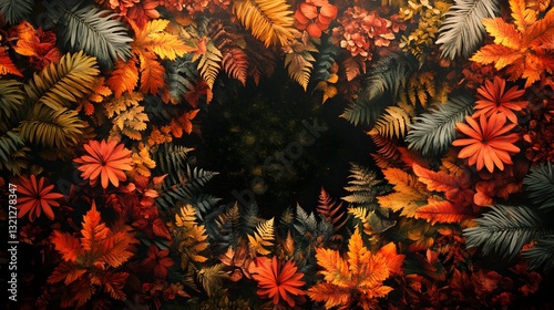 A bunch of leaves in a dark room presenting interesting natural patterns highlighted by shadows and copy space