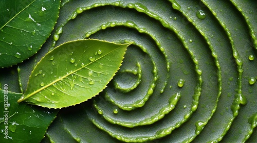 A striking green swirl pattern on a leaf capturing natural beauty and intricate details with ample copy space