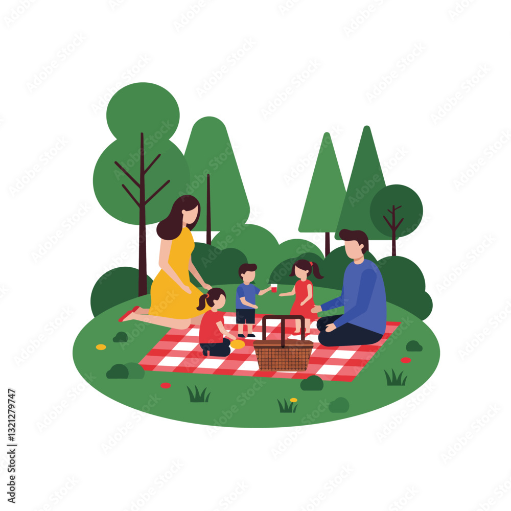 Fototapeta premium Family enjoying a picnic in a green park flat vector illustration