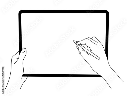 Hands draw on tablet with blank screen and pen. Digital artist creating illustration using graphics tablet. Device, gadget mockup. Line art drawing Vector on transparent background. Hand drawn icon.