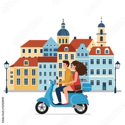 Couple riding blue scooter through colorful buildings in flat vector art