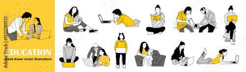 Education concept illustration. Diverse students, pupils studying, learning, reading book, watching online course, training. Simple hand drawn outline vector illustrations isolated 