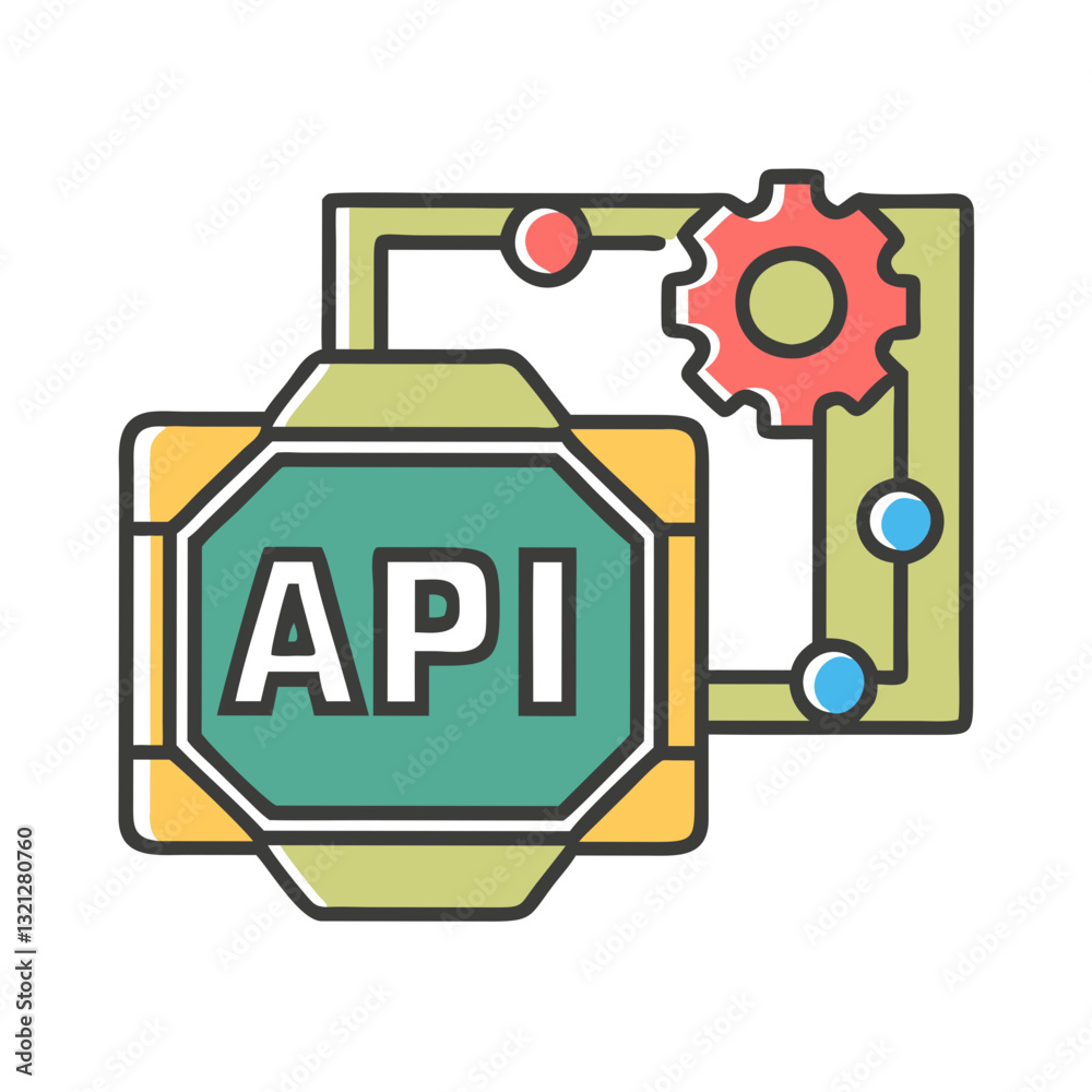 API technology illustration with gears and connections in bright colors API technology illustration with gears and connections in bright colors