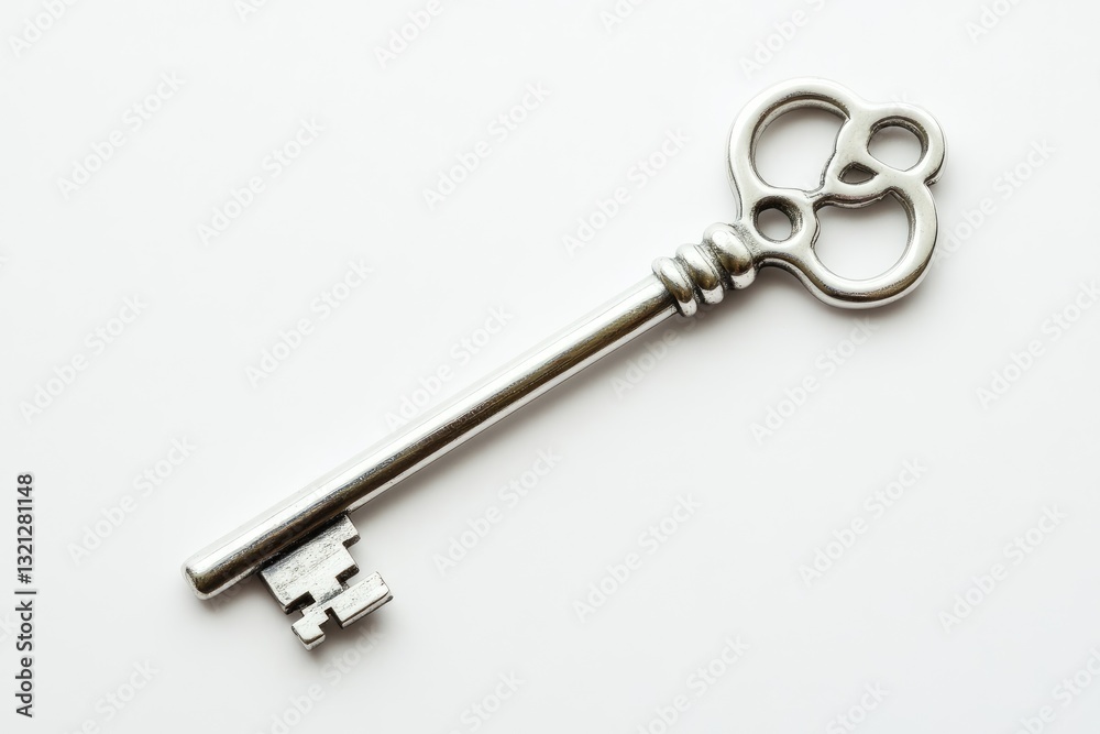 Antique-style key on white background. Detailed metal key, ornate design, simple and elegant. Ideal for lock and key themes Antique-style key on white background. Detailed metal key, ornate design, simple and elegant. Ideal for lock and key themes