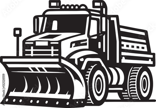 Black and White Snow Plow Truck Vector Illustration