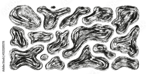 Organic rough shapes set. Irregular marker figures. Random abstract fluid paint. Uneven shape splashes. Wavy blob stains. Curvy liquid flat drops. Vector hand drawn charcoal background illustration.