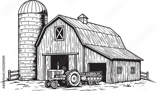 Farm Scene Illustration Barn Silo and Tractor Vector Outline
