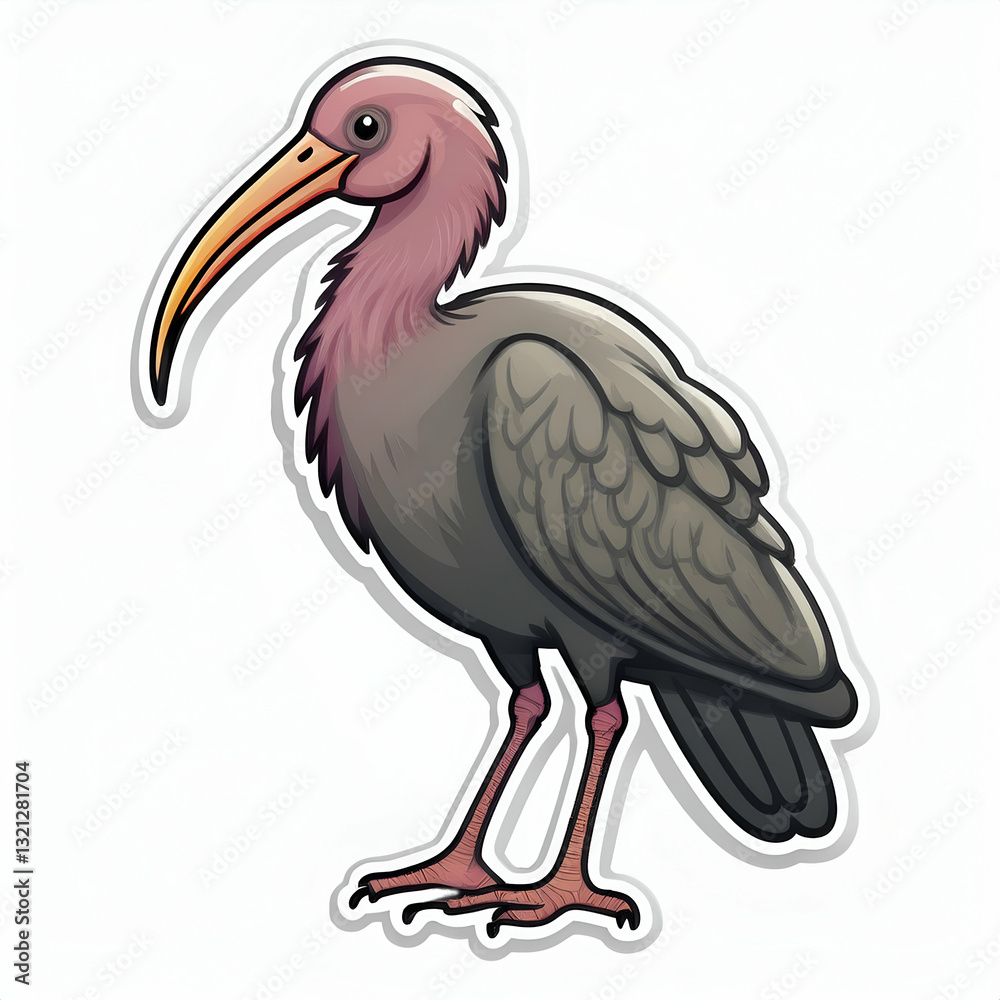 Obraz premium A Striking Illustration Of A Northern Bald Ibis, Its Plumage A Captivating Blend Of Grey And Rosy Hues, Standing Elegantly Against A Clean White Background