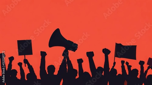 Diverse group of people in silhouette raising hands and holding banners during protest showcasing unity and empowerment against social injustices
