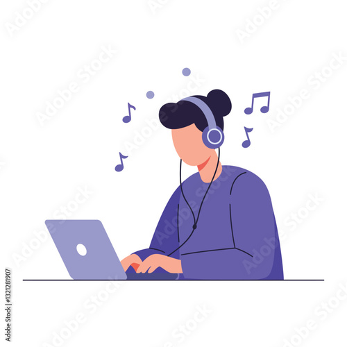 Person wearing headphones listening to music while working on laptop in flat vector art