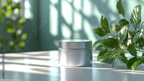 Silver Cosmetic Jar on White Table with Green Plant Leaves in Soft Light Beauty Product Still Life