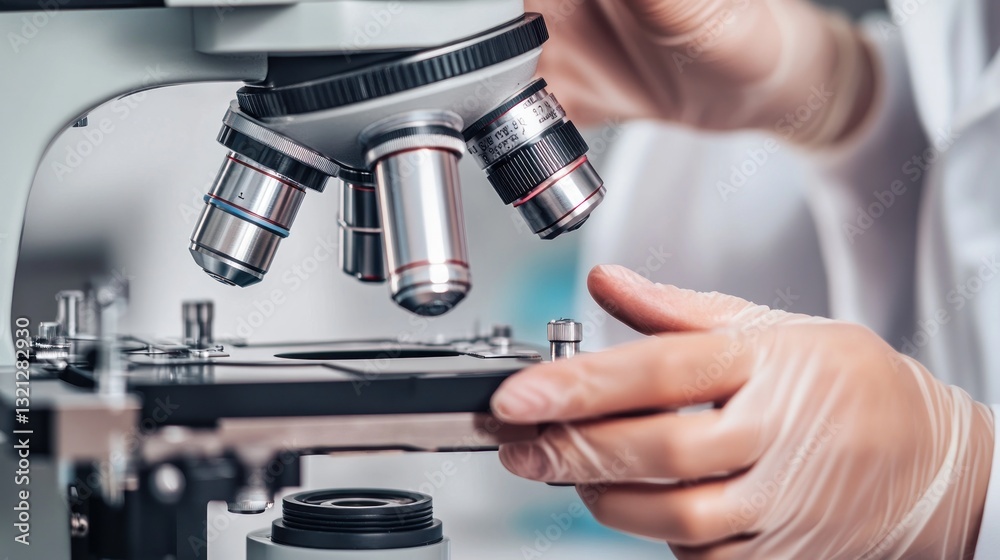 Fototapeta premium Close-up of Scientist Adjusting Slide on High-Powered Microscope for Research
