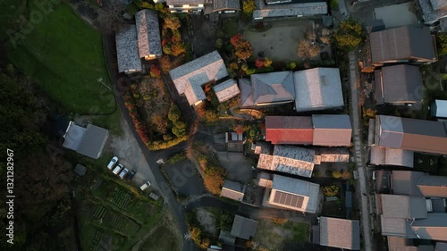 Beautiful Aerial View of Magome Juku during autumn season and sunset golden hour