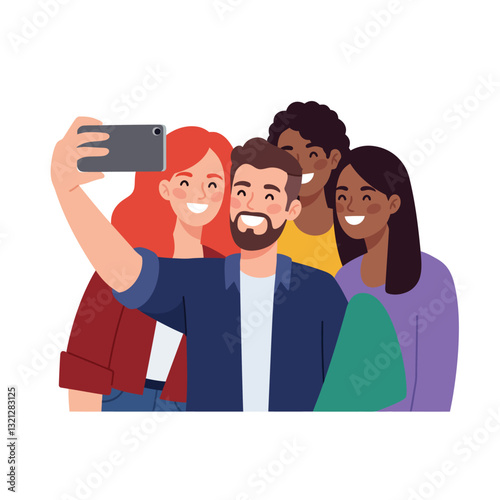 Group of friends taking a selfie in flat and colorful vector art