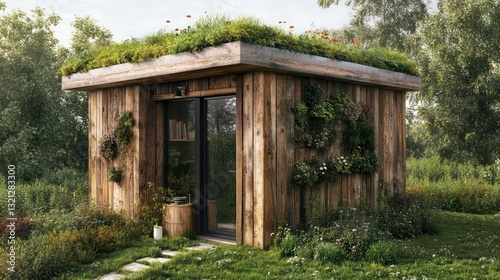 A garden shed constructed from reclaimed timber, equipped with a green roof to support local biodiversity and a rainwater harvesting system..