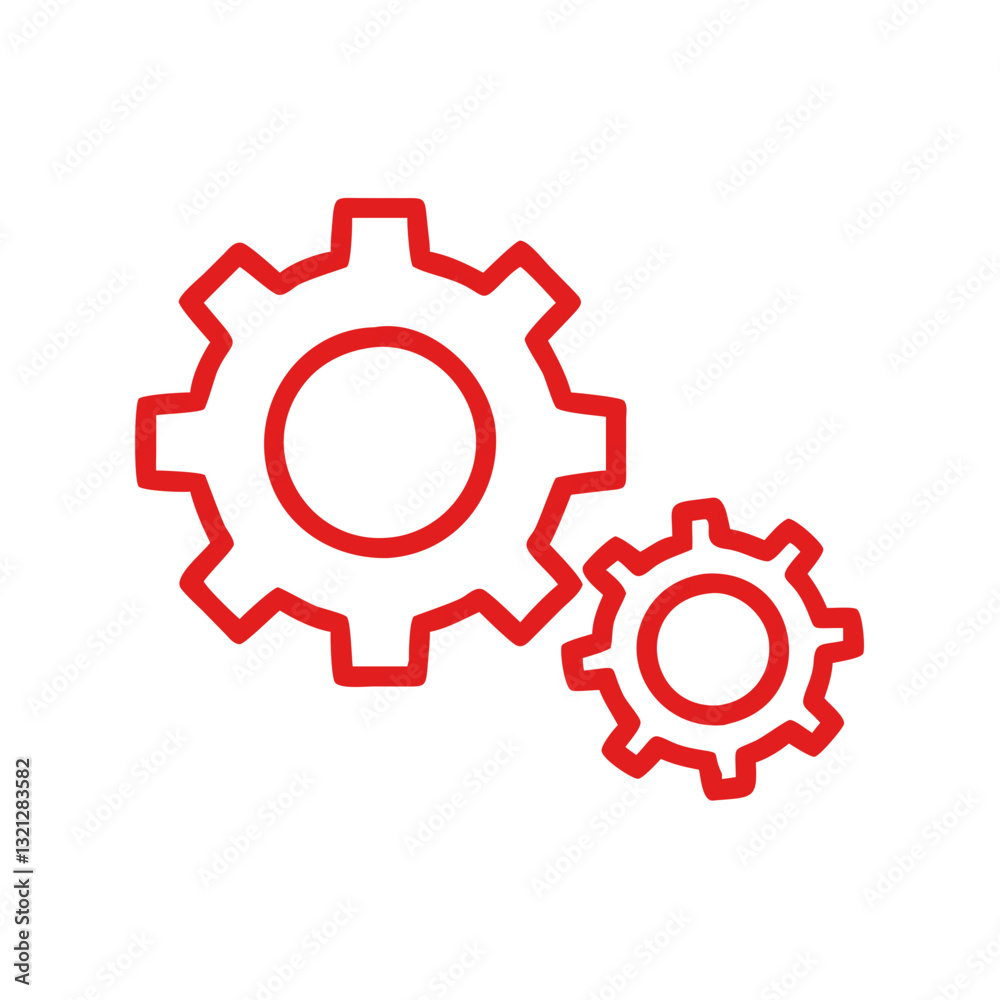Pair of interlocking gears icon in vibrant red for engineering concepts and mechanical applications with copy space Pair of interlocking gears icon in vibrant red for engineering concepts and mechanical applications with copy space