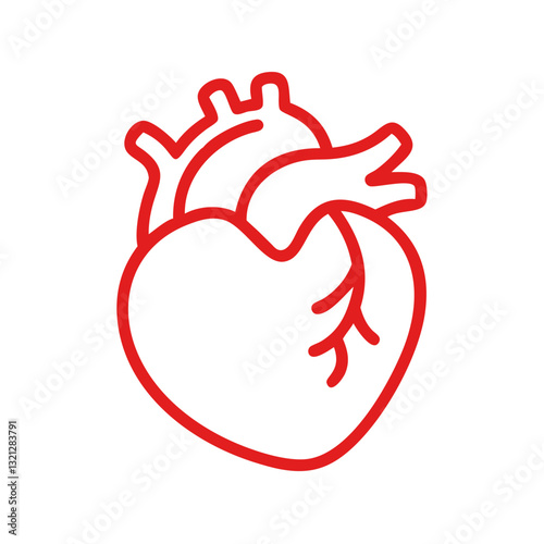 Red anatomical heart line icon, medical vector for cardiology, health awareness, biology education, scientific research, healthcare infographics, textbooks, posters, medical presentations