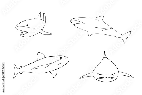 Wallpaper Mural  Set of hand drawn shark in different positions.  Doodle style outline illustration. Torontodigital.ca