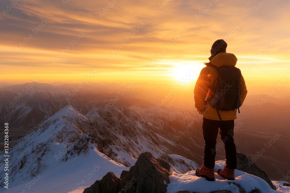 Fototapeta premium Hiker enjoys a breathtaking sunset view from a mountain peak in winter
