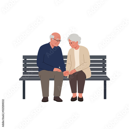 Elderly couple sitting together on a bench in flat vector illustration