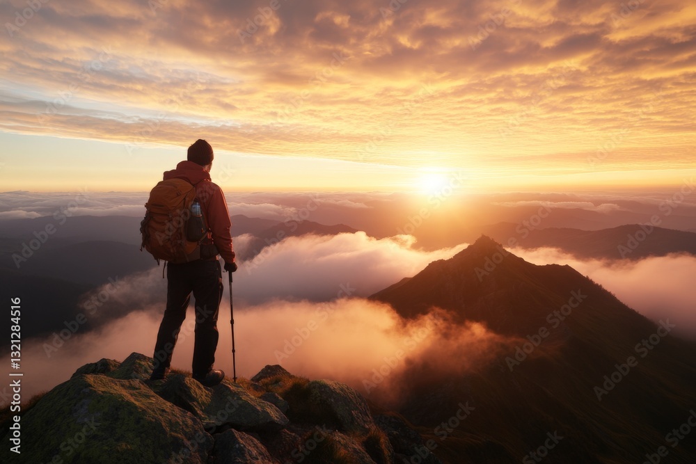 Hiker enjoying a breathtaking sunrise view over mountains and clouds during an early morning adventure Hiker enjoying a breathtaking sunrise view over mountains and clouds during an early morning adventure