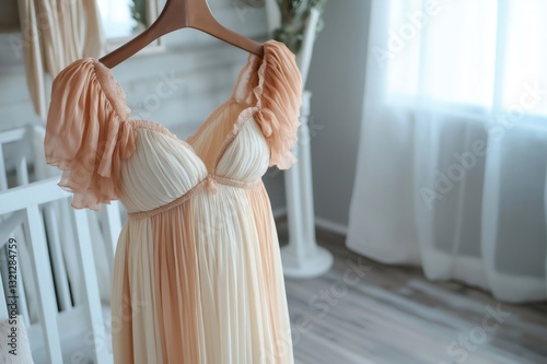 Peach and cream colored pleated maternity maxi dress with ruffled off the shoulder sleeves hanging on a wooden hanger